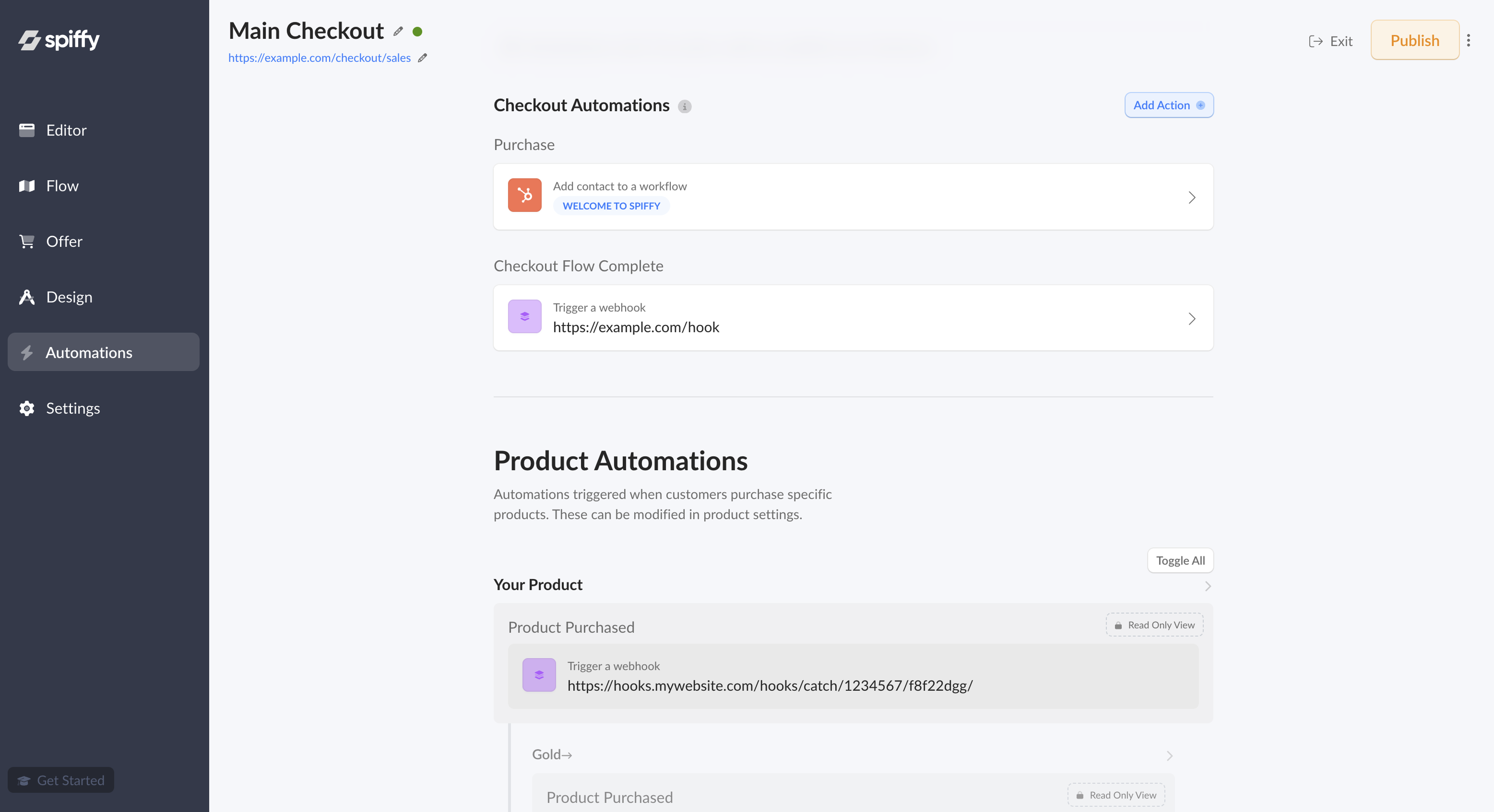 Checkout automation settings for purchase and billing events