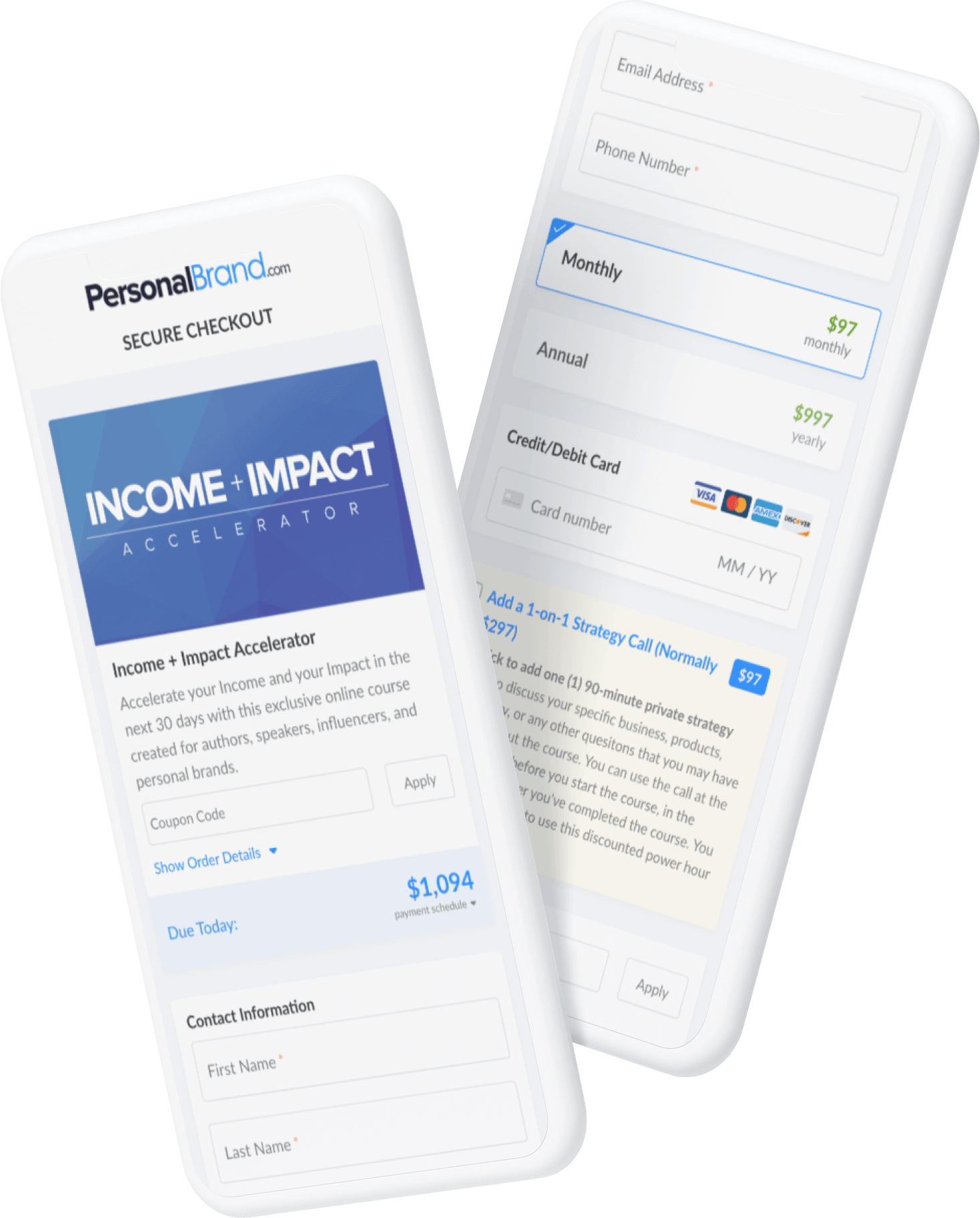 Mobile checkout screens showing the product summary, payment options, and order bump