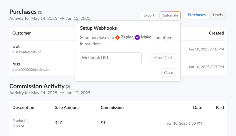 Affiliate tracking software showing lead attribution and webhook integration
