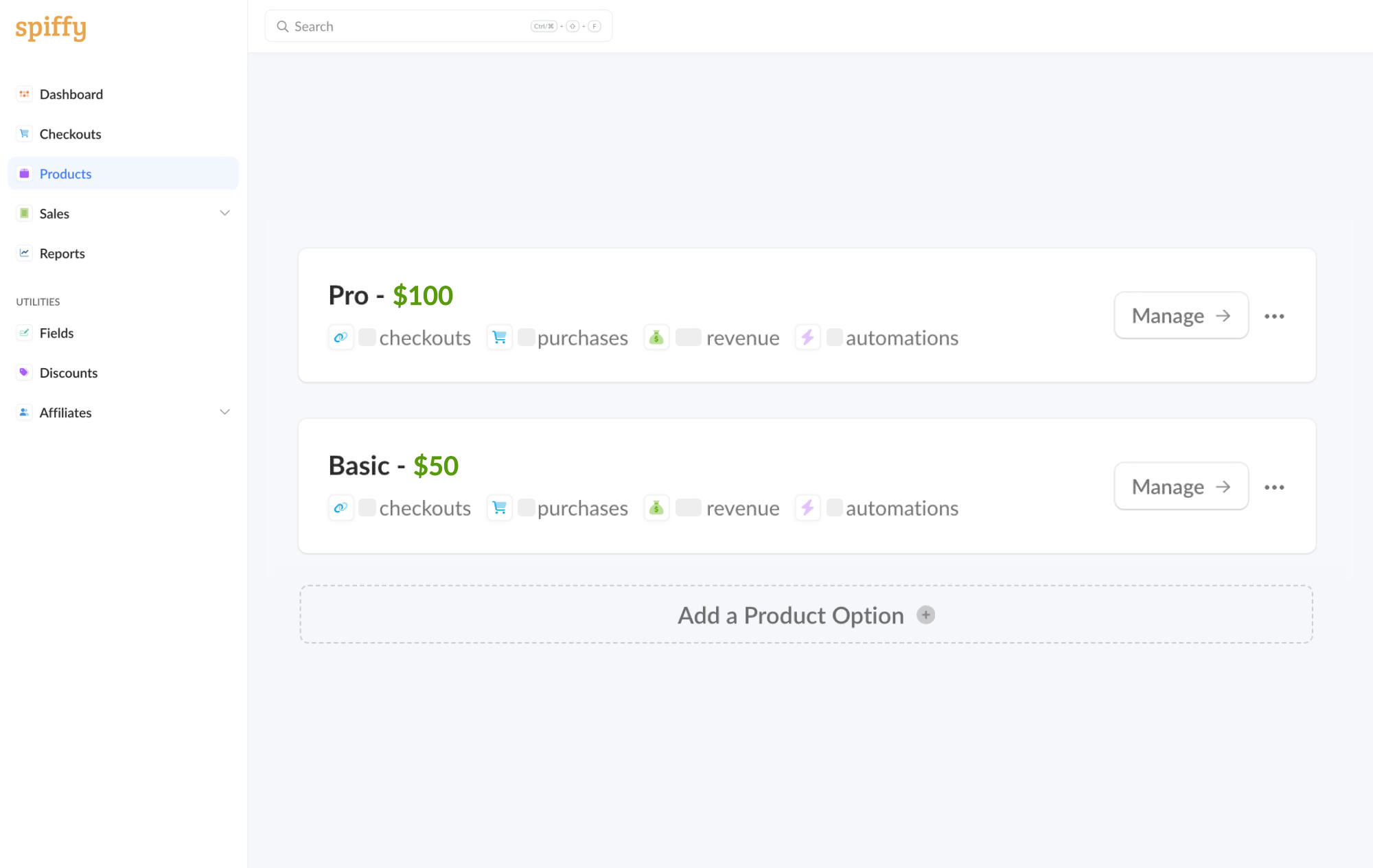 Single product management — options and price points